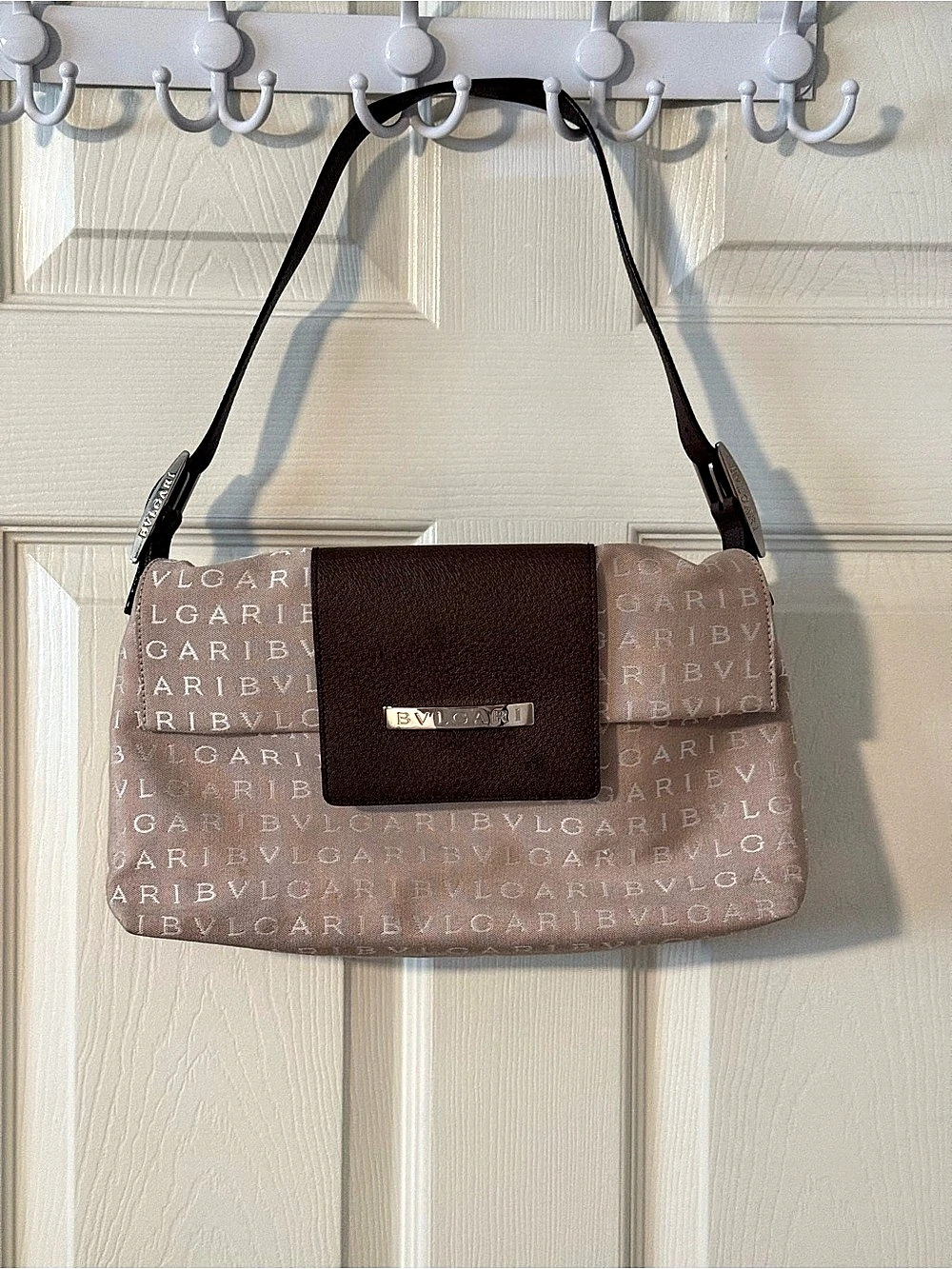 Vintage BVLGARI Logomania Flap Shoulder Bag Brown & Beige